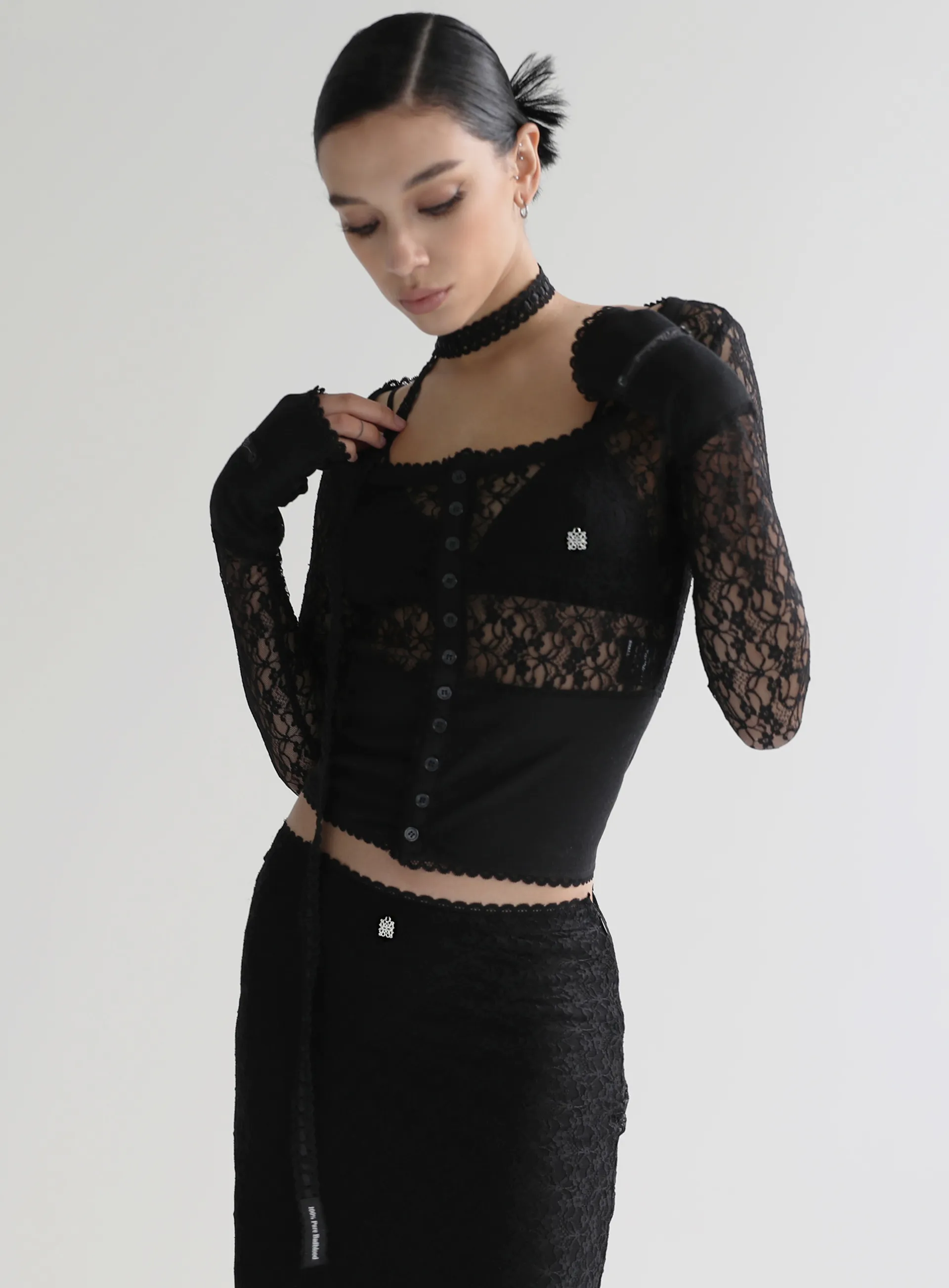 BADBLOOD  |Lace-up Casual Style Street Style Long Sleeves Lace Logo