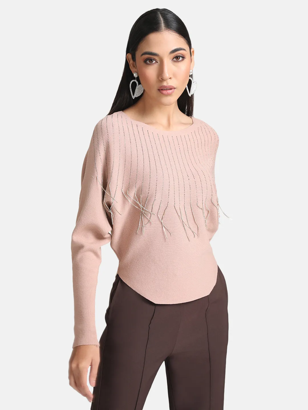 Batwing Pullover With Heat Studs And Fringes