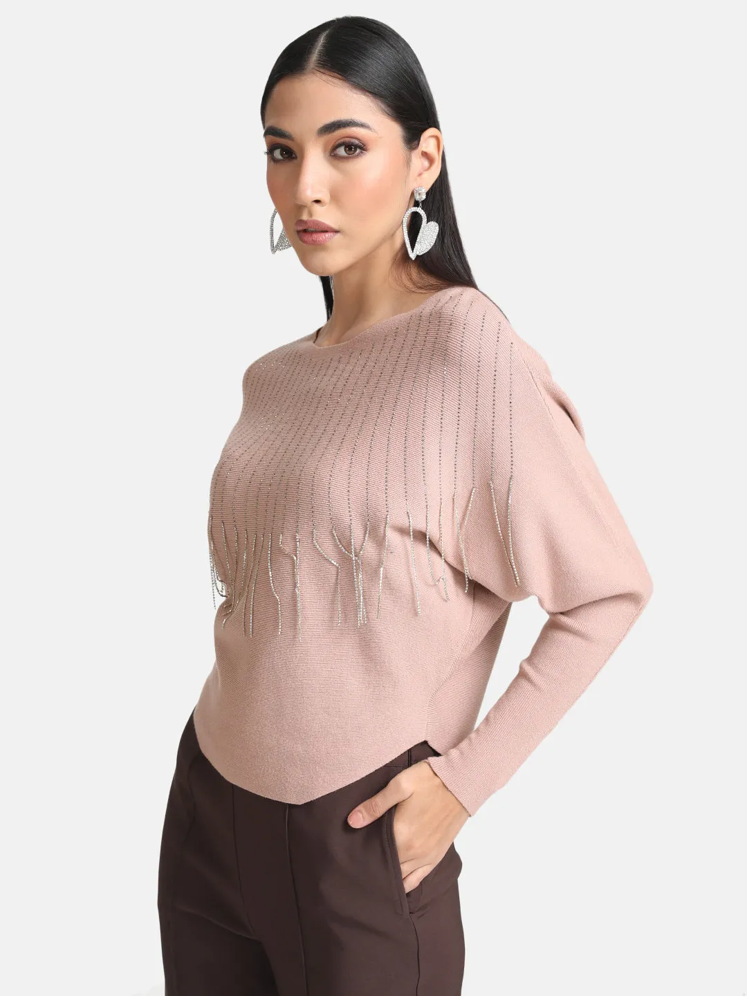 Batwing Pullover With Heat Studs And Fringes