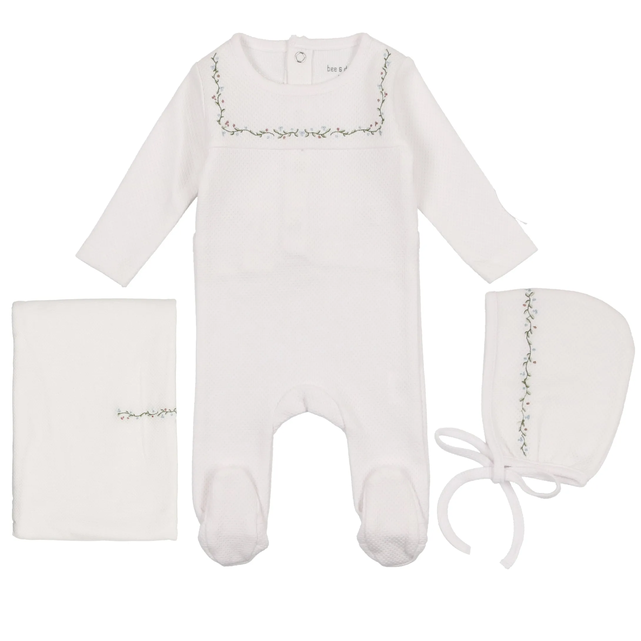 Bee & Dee Snow White with Green Vines Embroidered Linen Pointelle Collection Layette Set