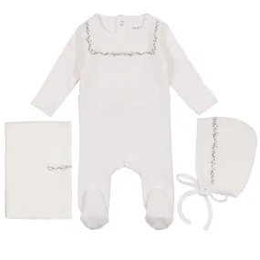 Bee & Dee Snow White with Green Vines Embroidered Linen Pointelle Collection Layette Set