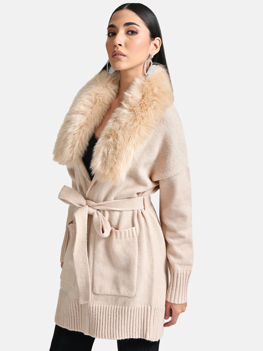 Belted Cape With Detachable Fur Collar