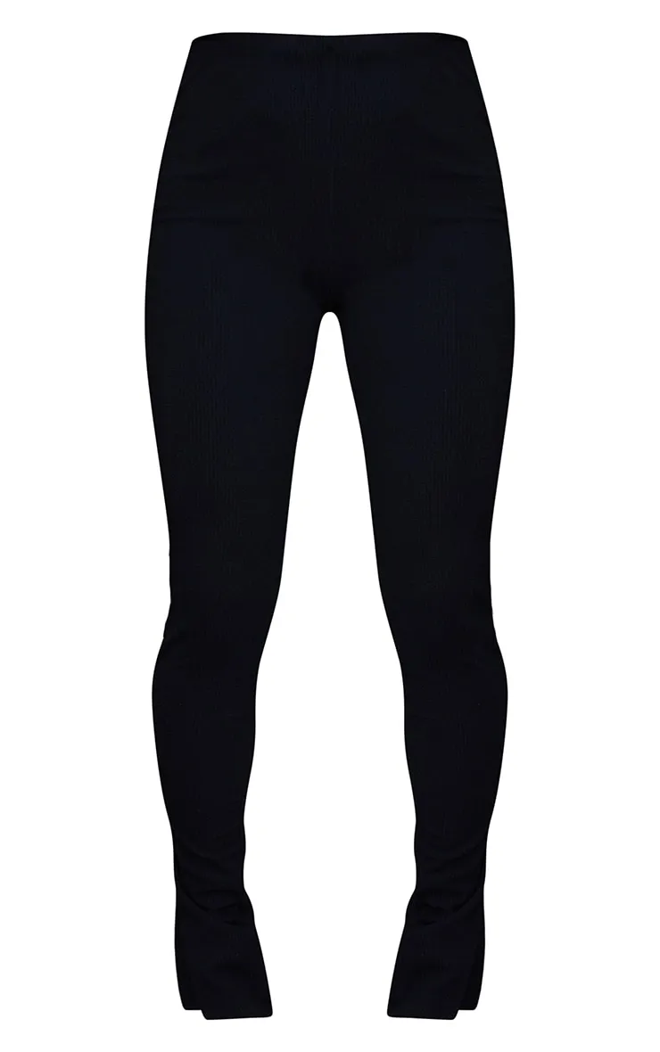 Black Brushed Rib Split Hem Leggings