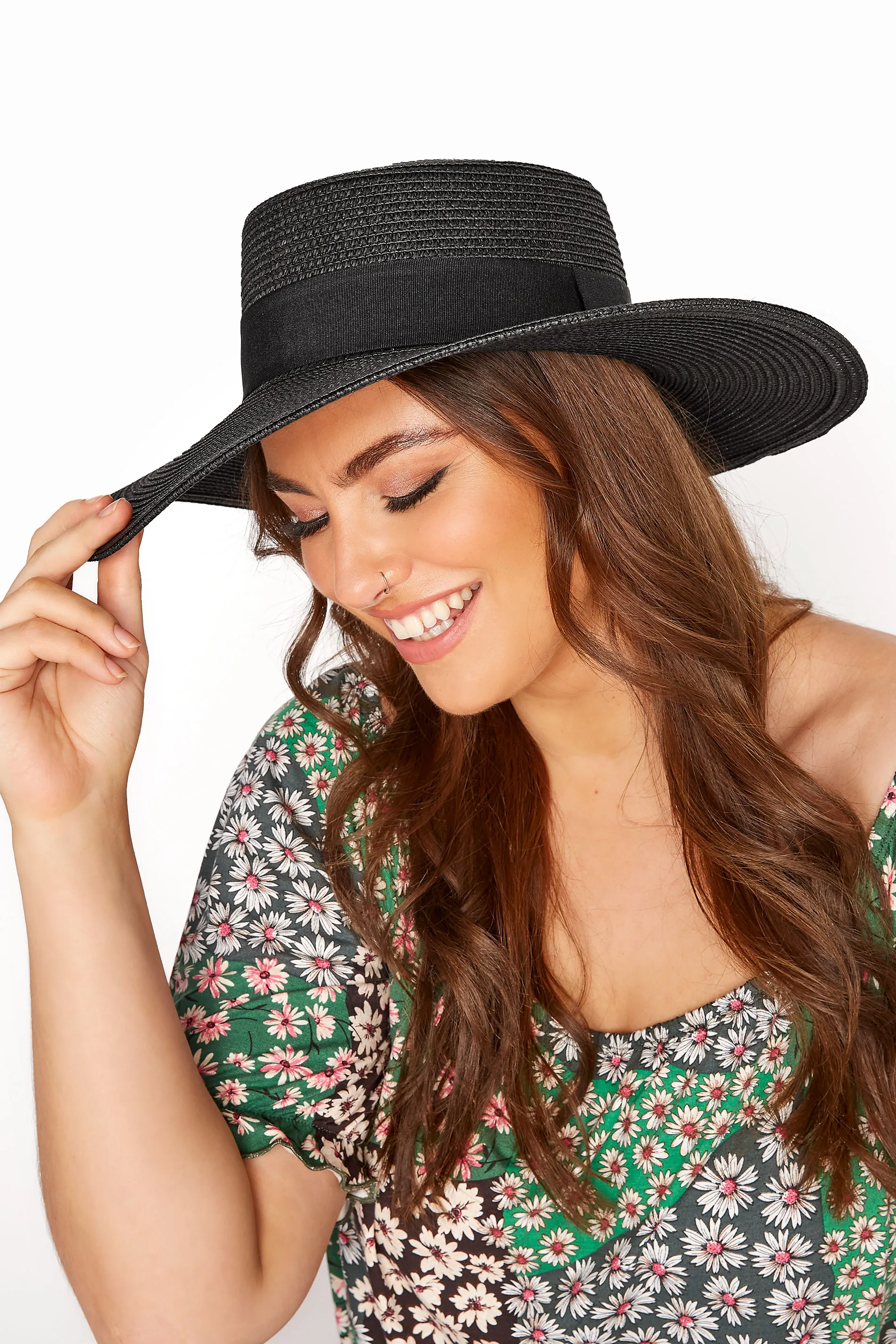 Black Straw Wide Brim Boater Hat