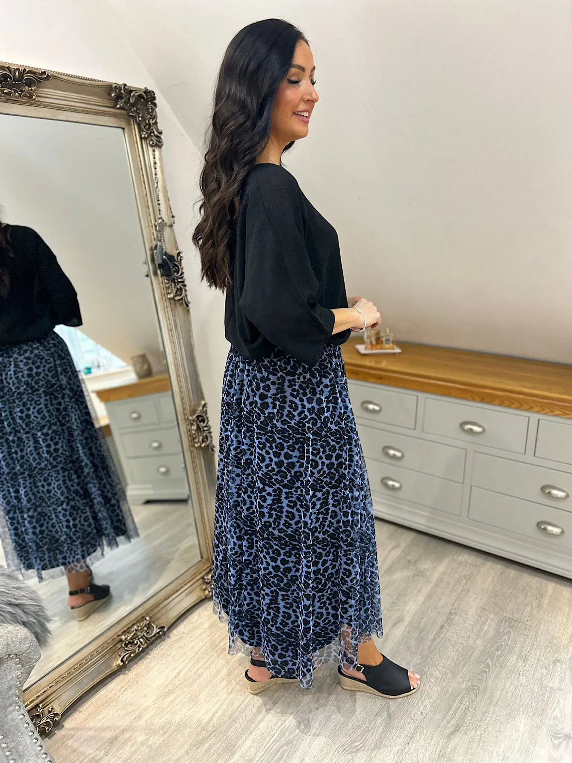 Blue Leopard Pleated Skirt