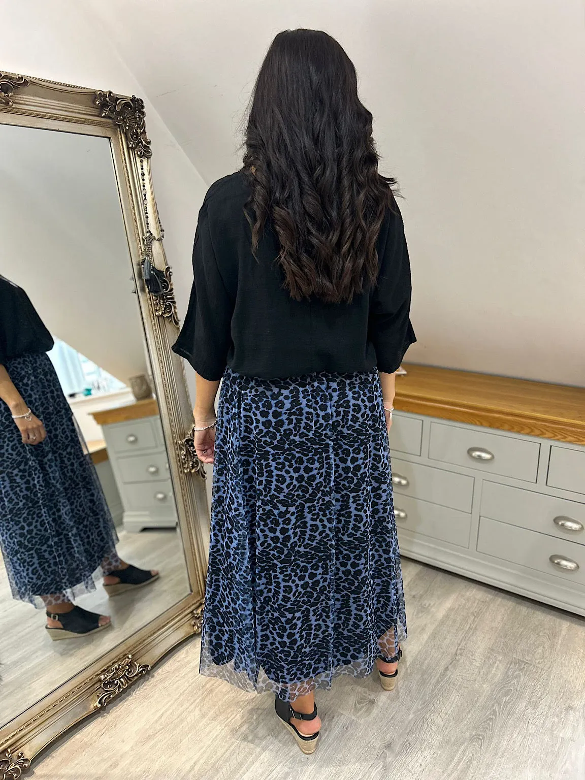 Blue Leopard Pleated Skirt