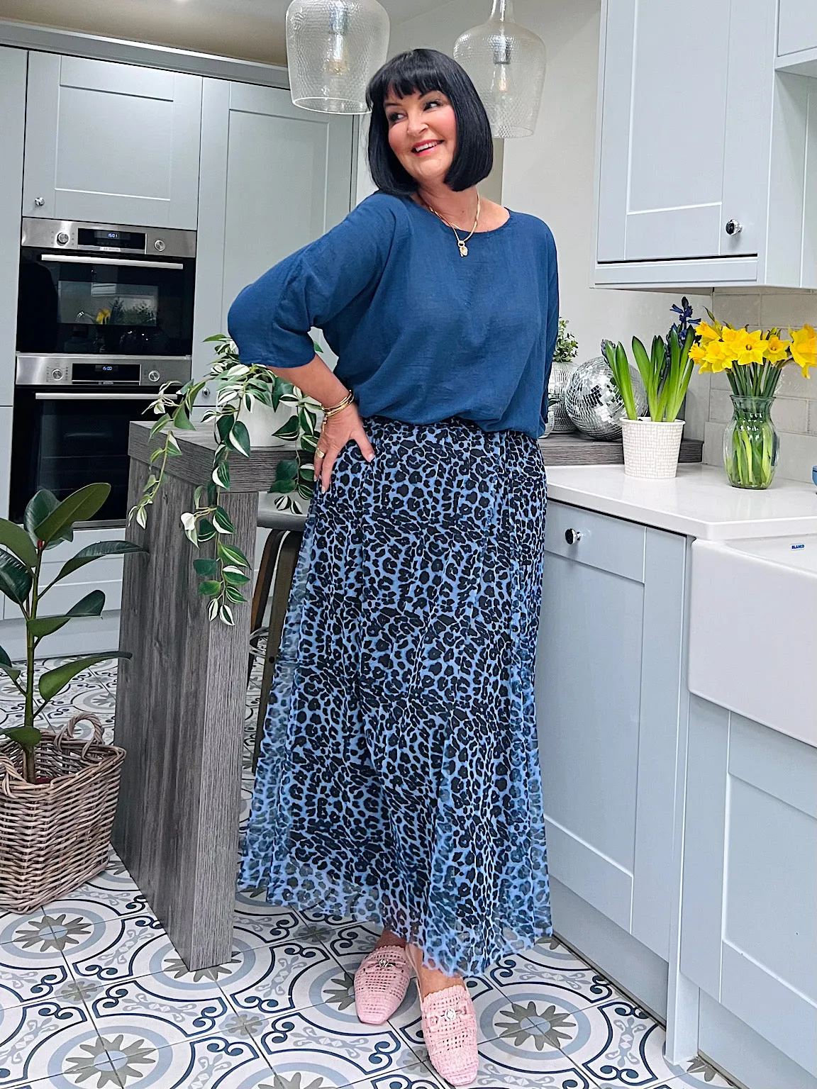 Blue Leopard Pleated Skirt