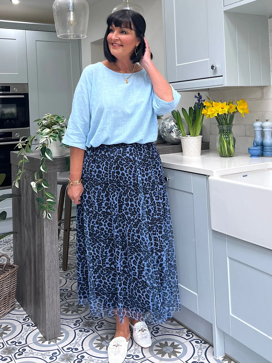 Blue Leopard Pleated Skirt