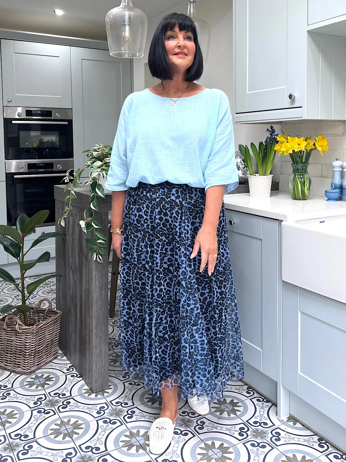 Blue Leopard Pleated Skirt