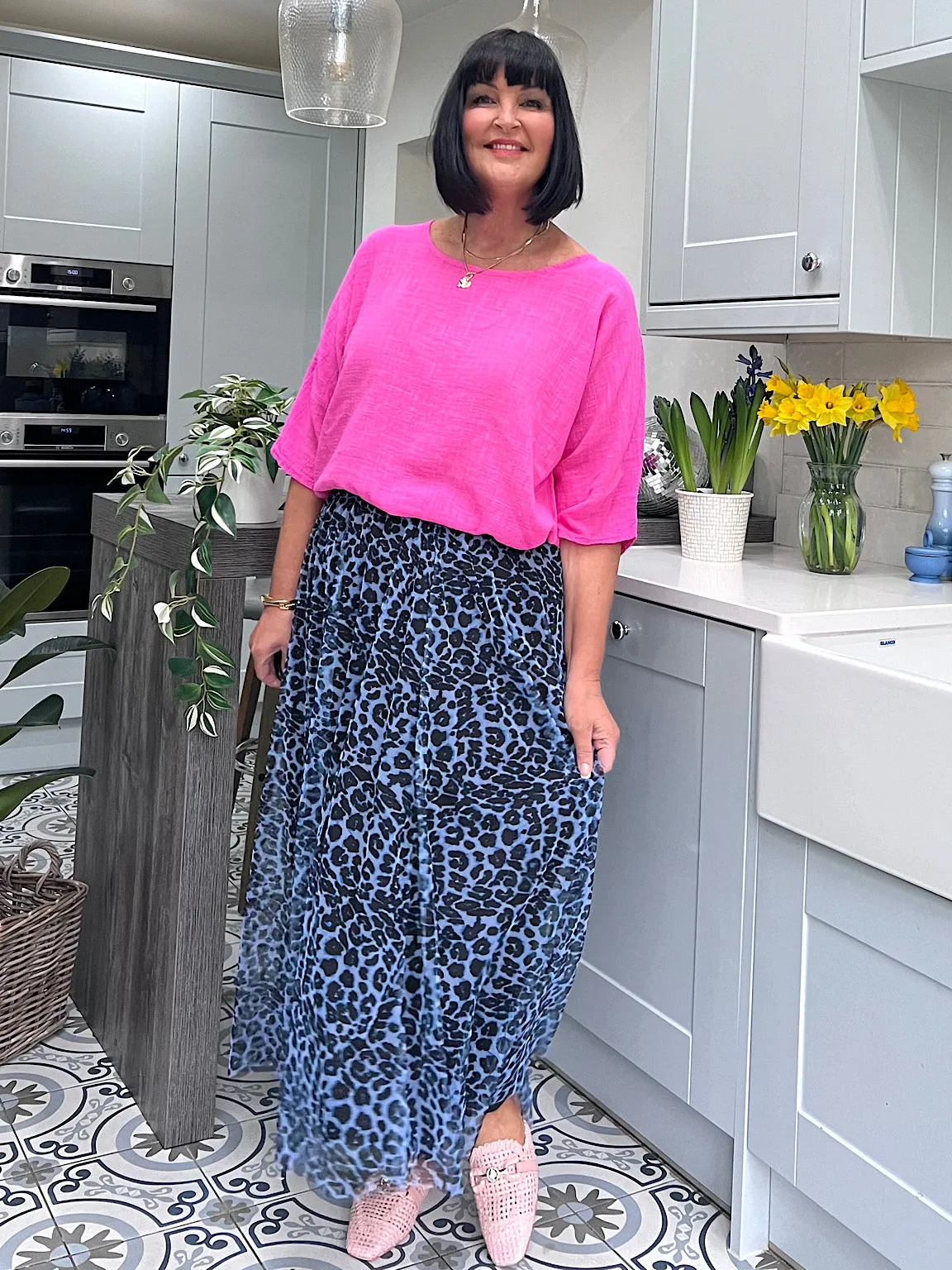 Blue Leopard Pleated Skirt