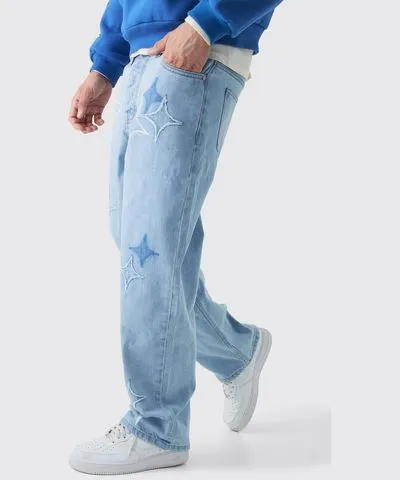 boohoo Mens Relaxed Rigid Star Applique Denim Jeans