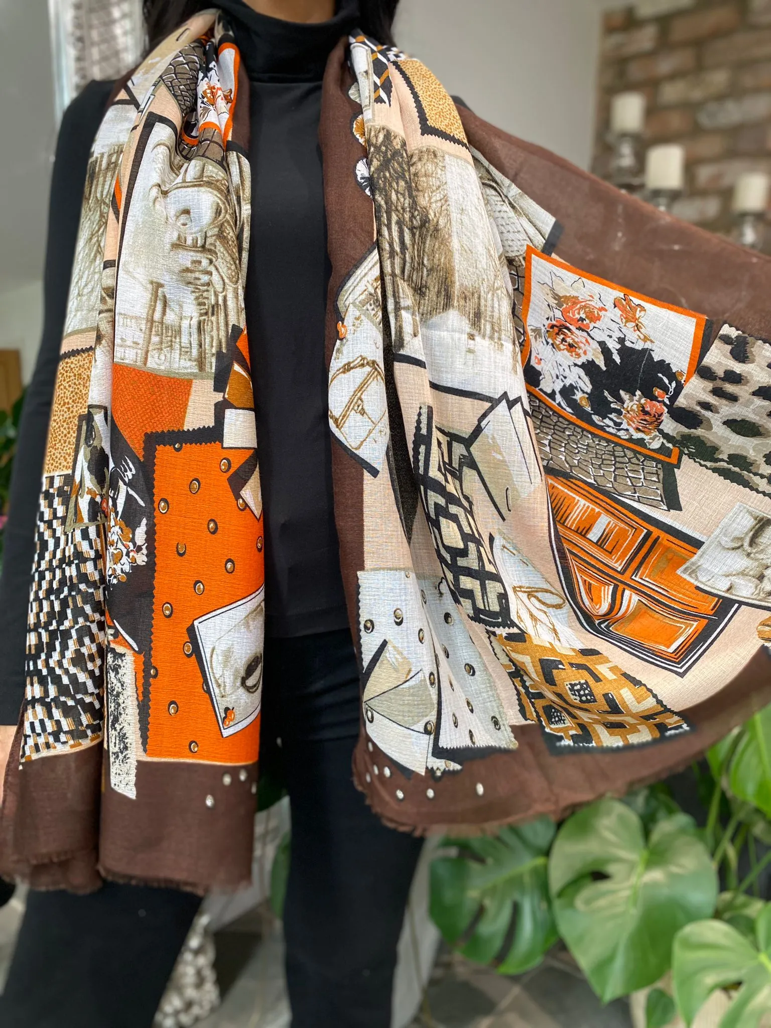 Brown Frayed Paris Print Scarf