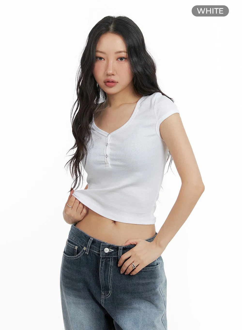 Button-Up Short Sleeve Crop Tee CM425