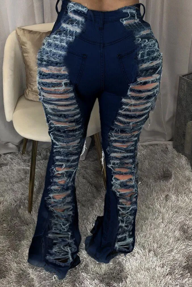 Casual Loose Blue Jeans Hollow Out Wide Leg High Waist