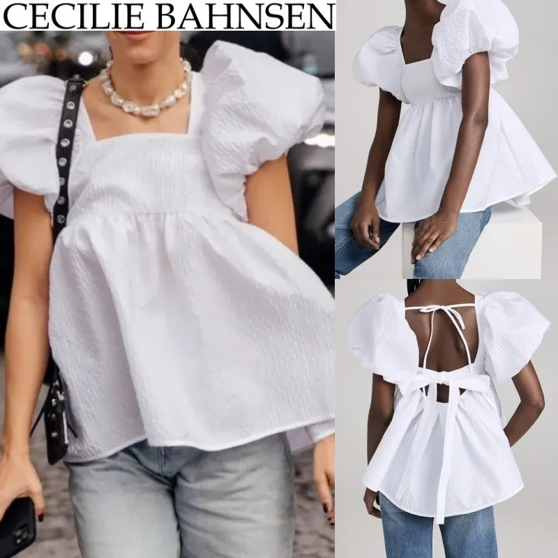 CECILIE BAHNSEN  |Lace-up Casual Style Blended Fabrics Plain Short Sleeves