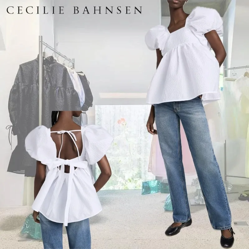 CECILIE BAHNSEN  |Lace-up Casual Style Blended Fabrics Plain Short Sleeves