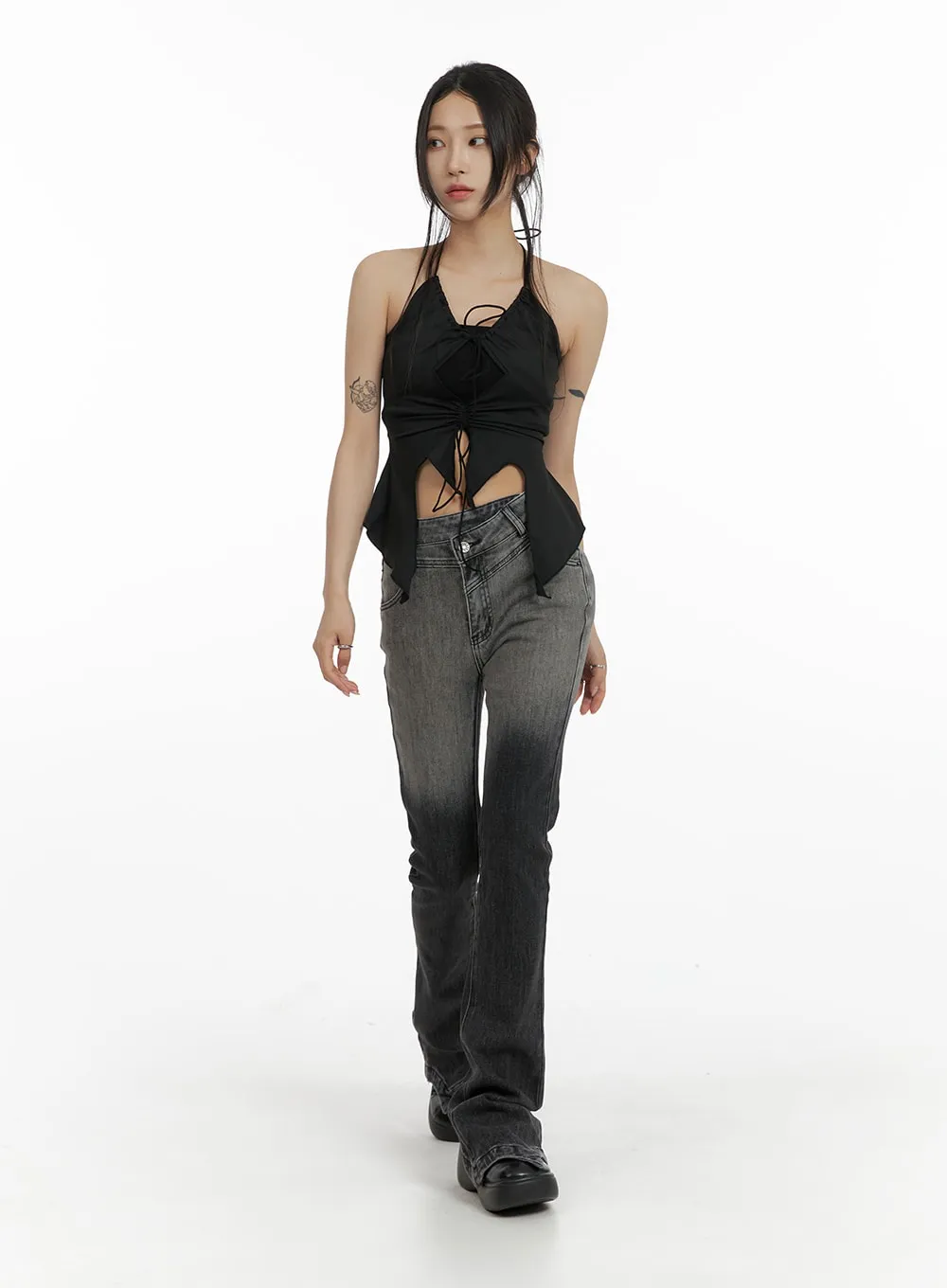 Dark Grunge Shirred Ruffle Halter Top CF428