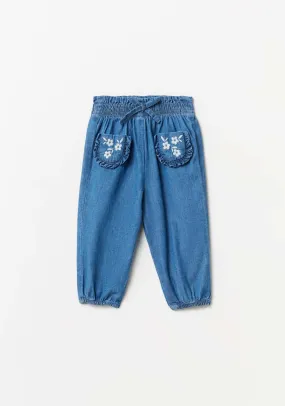 Denim Jean With Embroidered Pocket - Blue