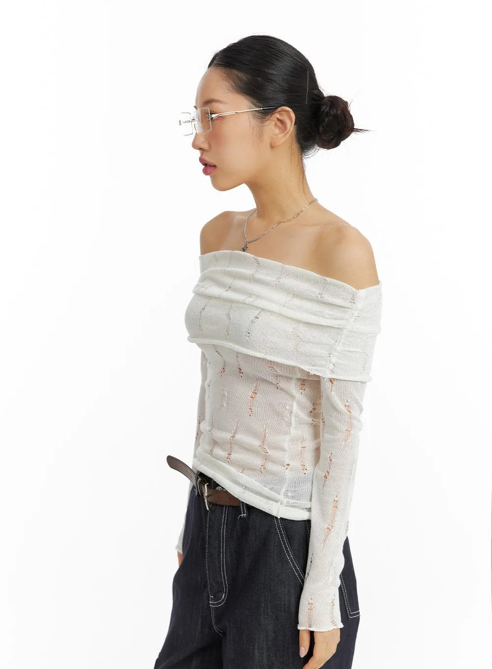 Destroyed Mesh Off-Shoulder Long Sleeve Tee CF416