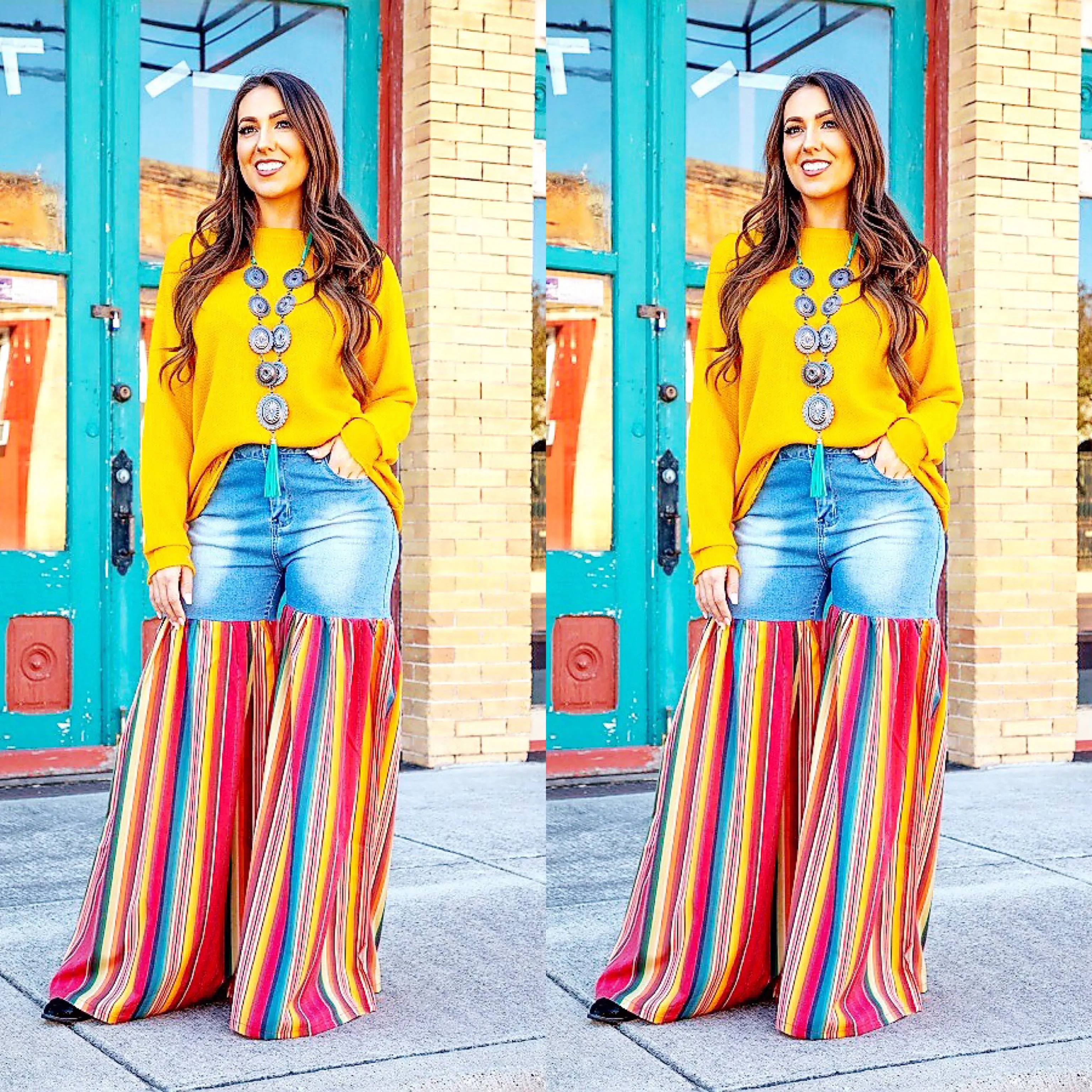 Distressed Light Denim Red Multi Color Palazzo Wide Leg Jeans