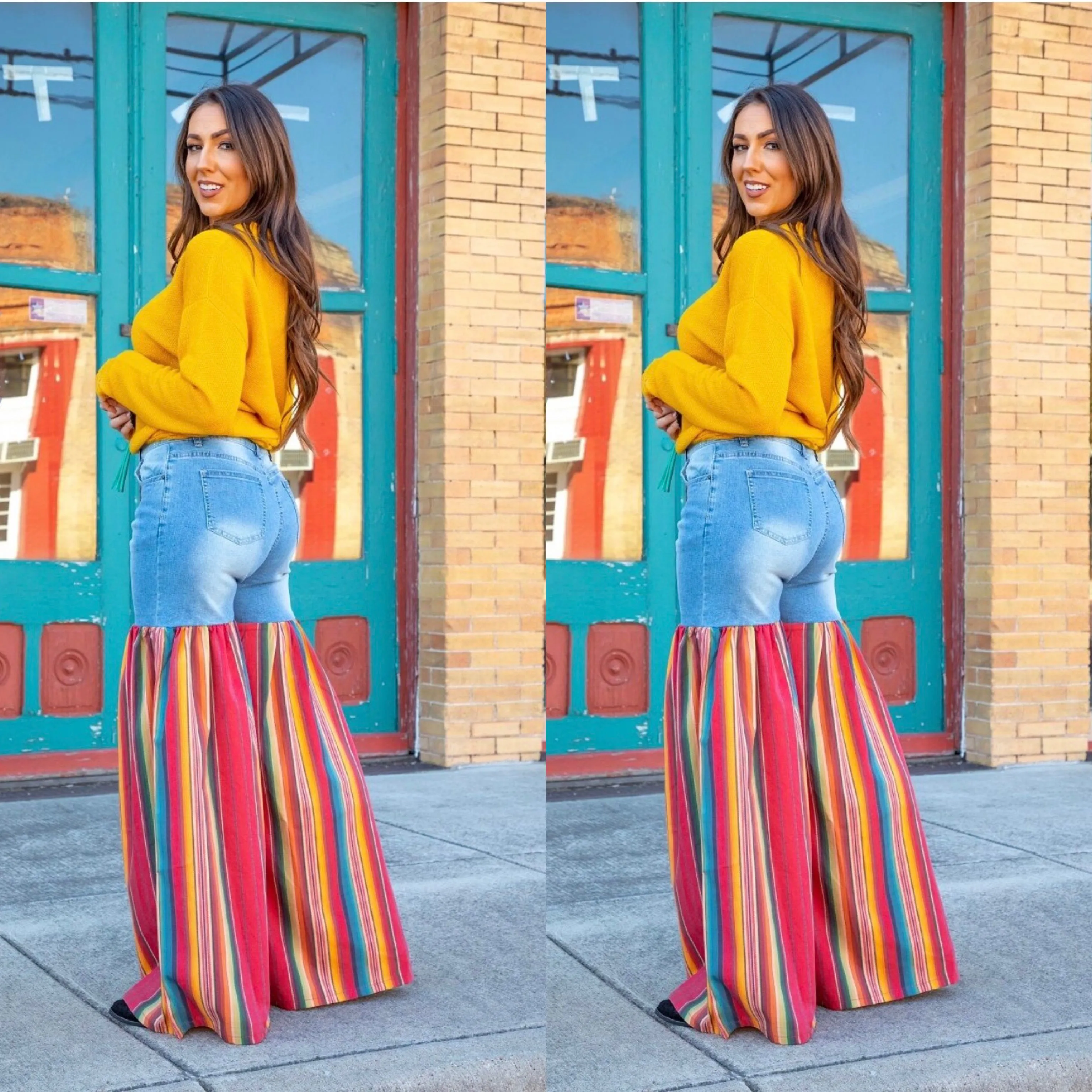 Distressed Light Denim Red Multi Color Palazzo Wide Leg Jeans