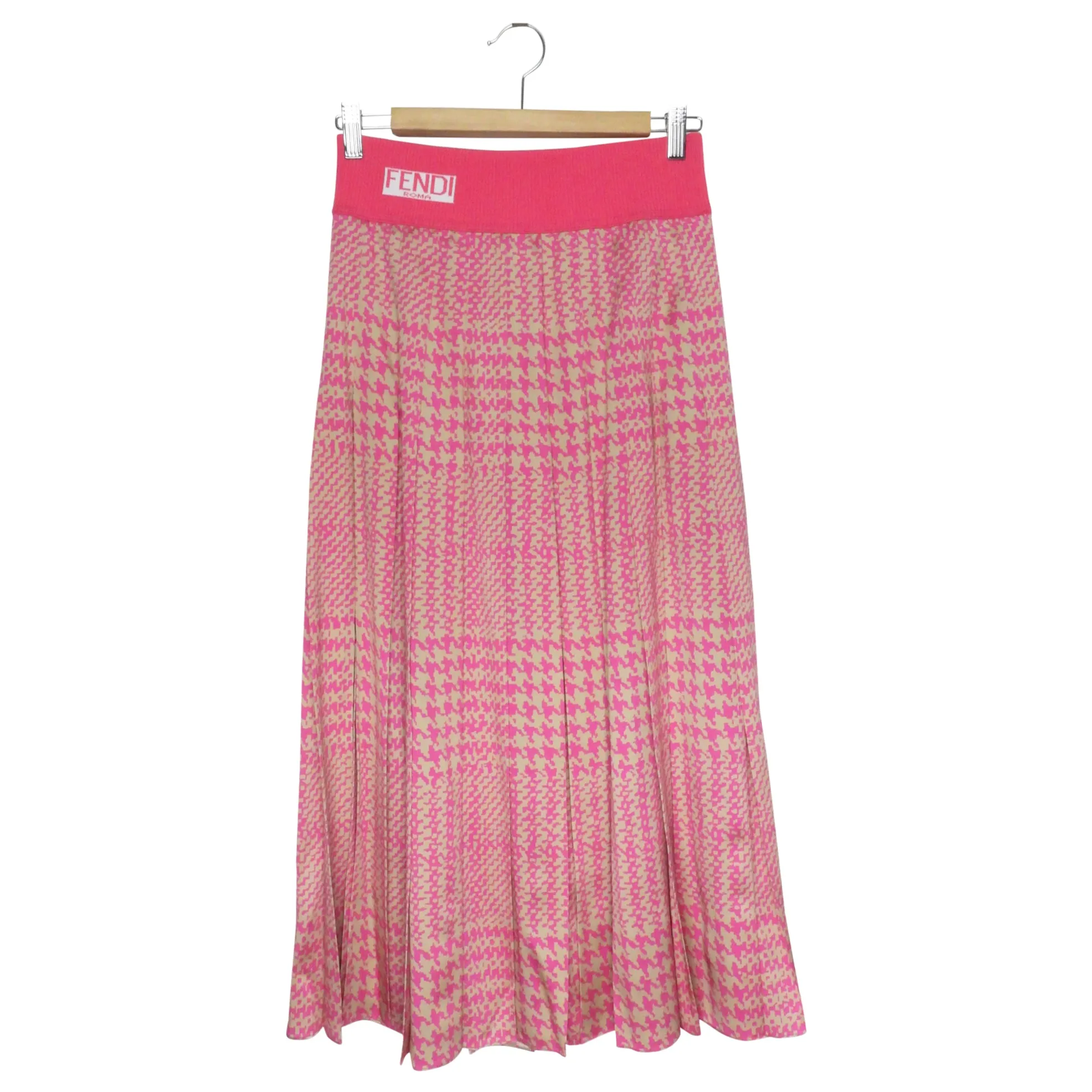 Fendi 2017 Pink and Tan Houndstooth Silk Satin Midi Skirt - USA6 / IT42