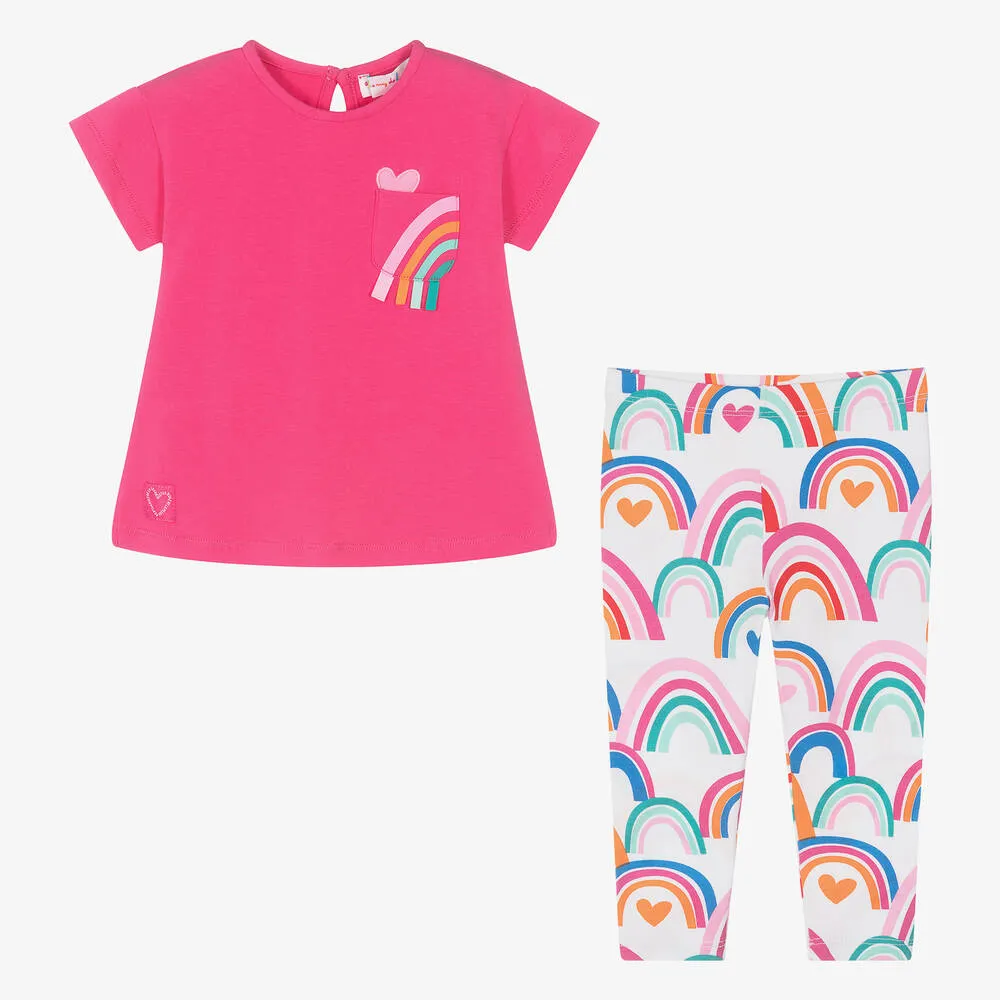 Girls Pink Cotton Rainbow Leggings Set