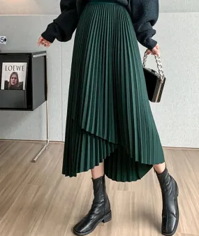 Green Pleated Asymmetrical Skirt