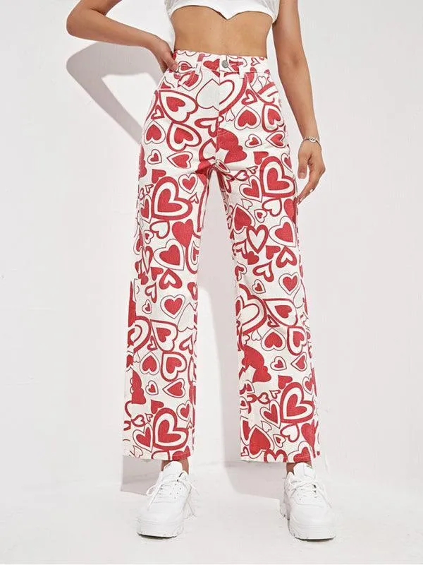 Hearts Print Loose Denim Trousers