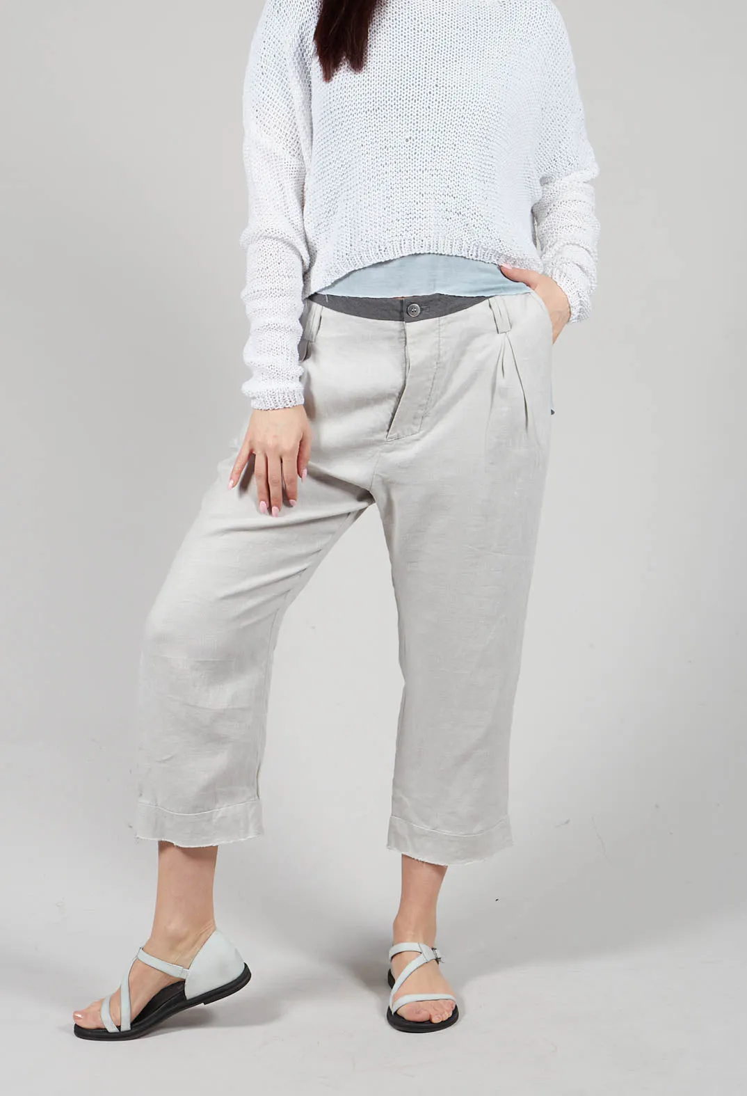 High Waisted Cropped Trousers with Fringed Hem in Grey Original