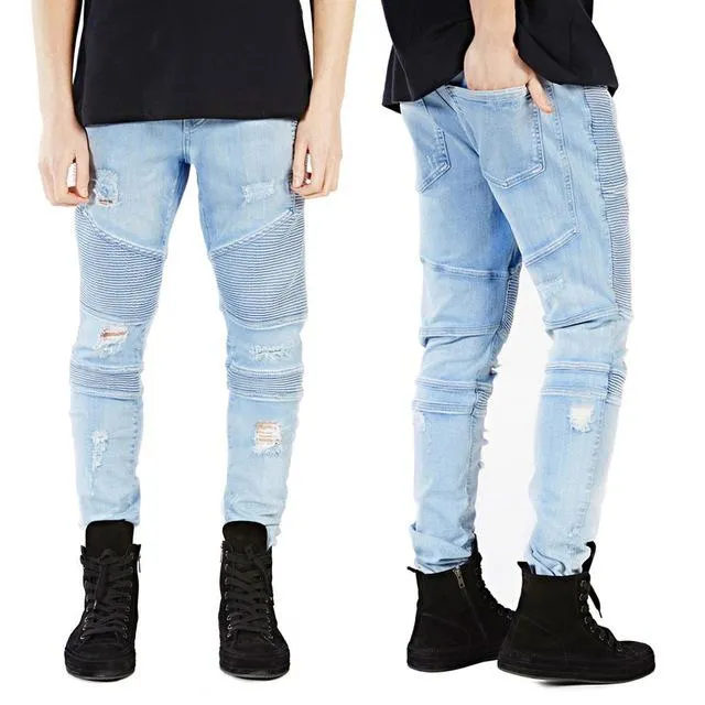 Hiphop Style Men's Skinny Strech Slim Racer Biker Denim Jeans