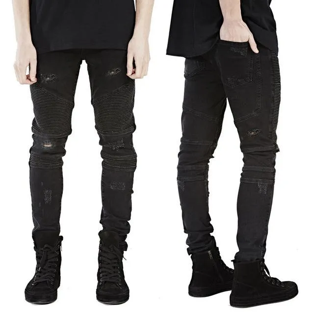 Hiphop Style Men's Skinny Strech Slim Racer Biker Denim Jeans