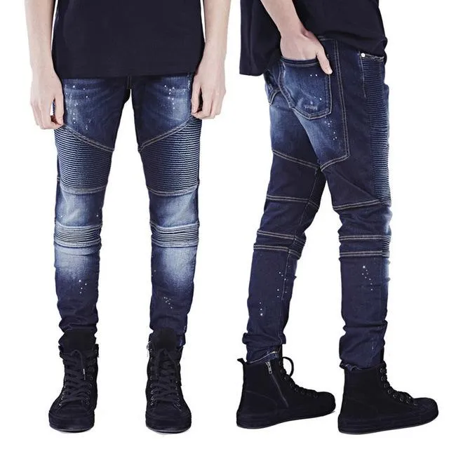 Hiphop Style Men's Skinny Strech Slim Racer Biker Denim Jeans