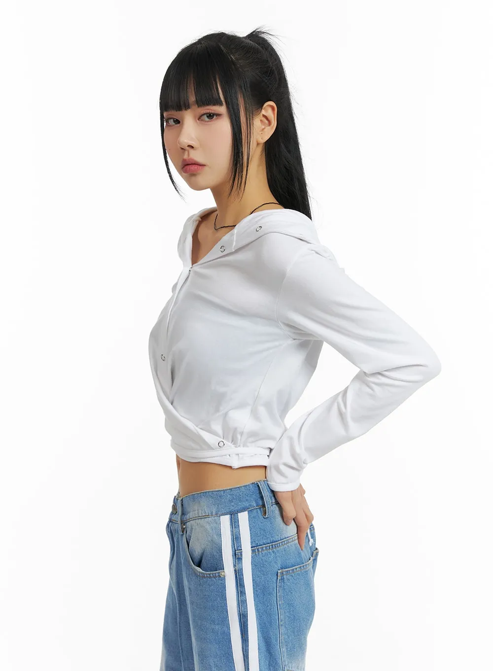 Hooded Solid Ruched Long Sleeve Tee CM407