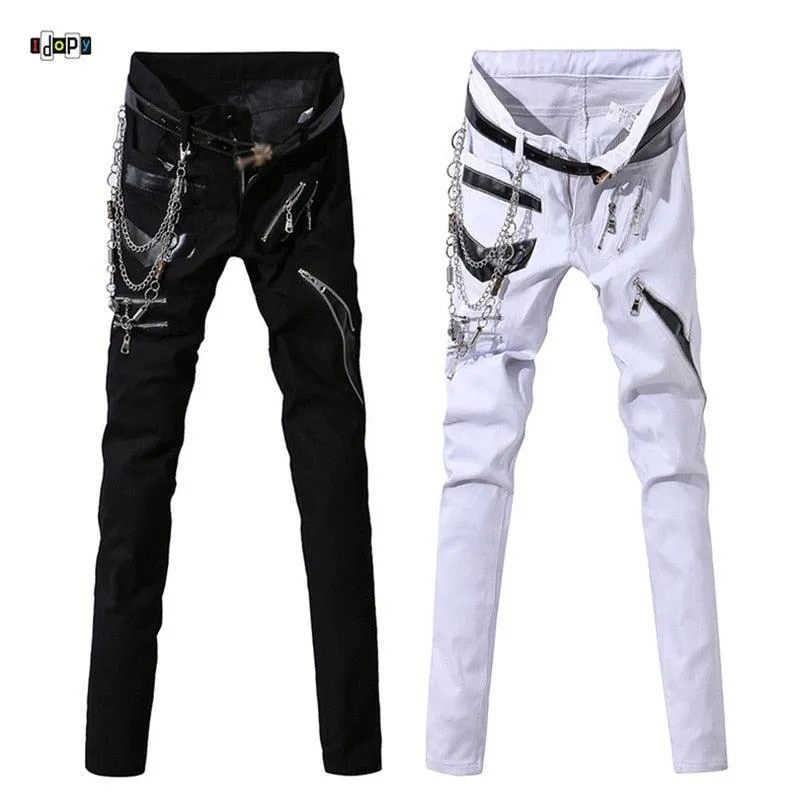 Idopy Multi-Zipper Jeans with Chain Patchwork - Punk Gothic Stage Party Style