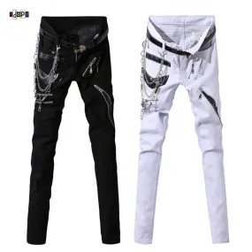 Idopy Multi-Zipper Jeans with Chain Patchwork - Punk Gothic Stage Party Style