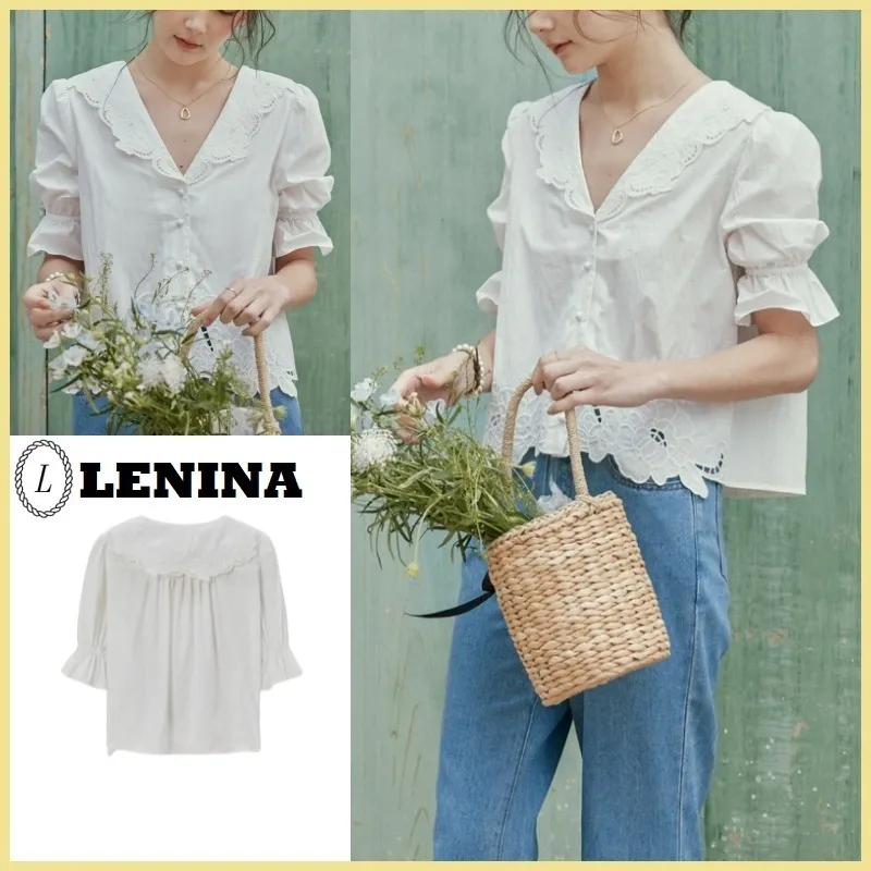 LENINA  |Lace-up Casual Style Cropped Cotton Short Sleeves