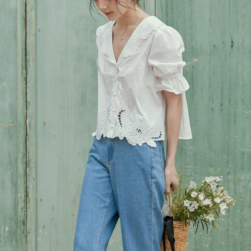 LENINA  |Lace-up Casual Style Cropped Cotton Short Sleeves