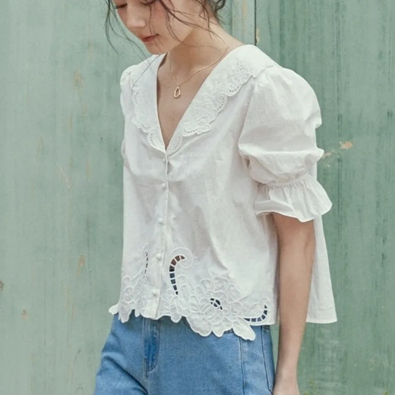 LENINA  |Lace-up Casual Style Cropped Cotton Short Sleeves