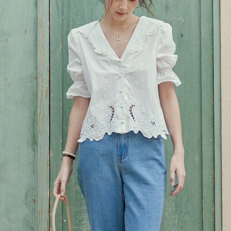 LENINA  |Lace-up Casual Style Cropped Cotton Short Sleeves