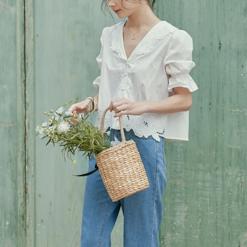 LENINA  |Lace-up Casual Style Cropped Cotton Short Sleeves