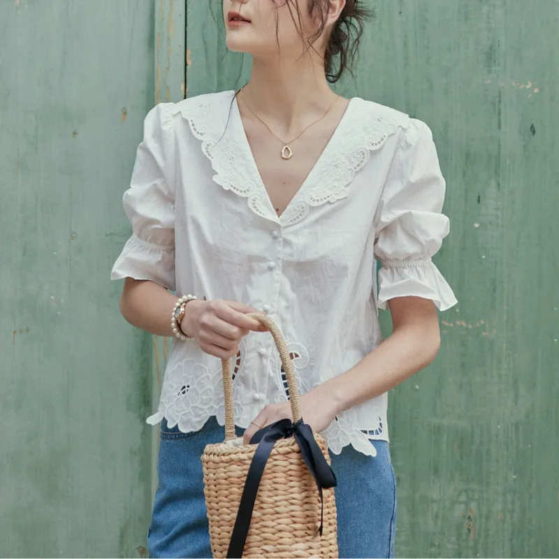 LENINA  |Lace-up Casual Style Cropped Cotton Short Sleeves