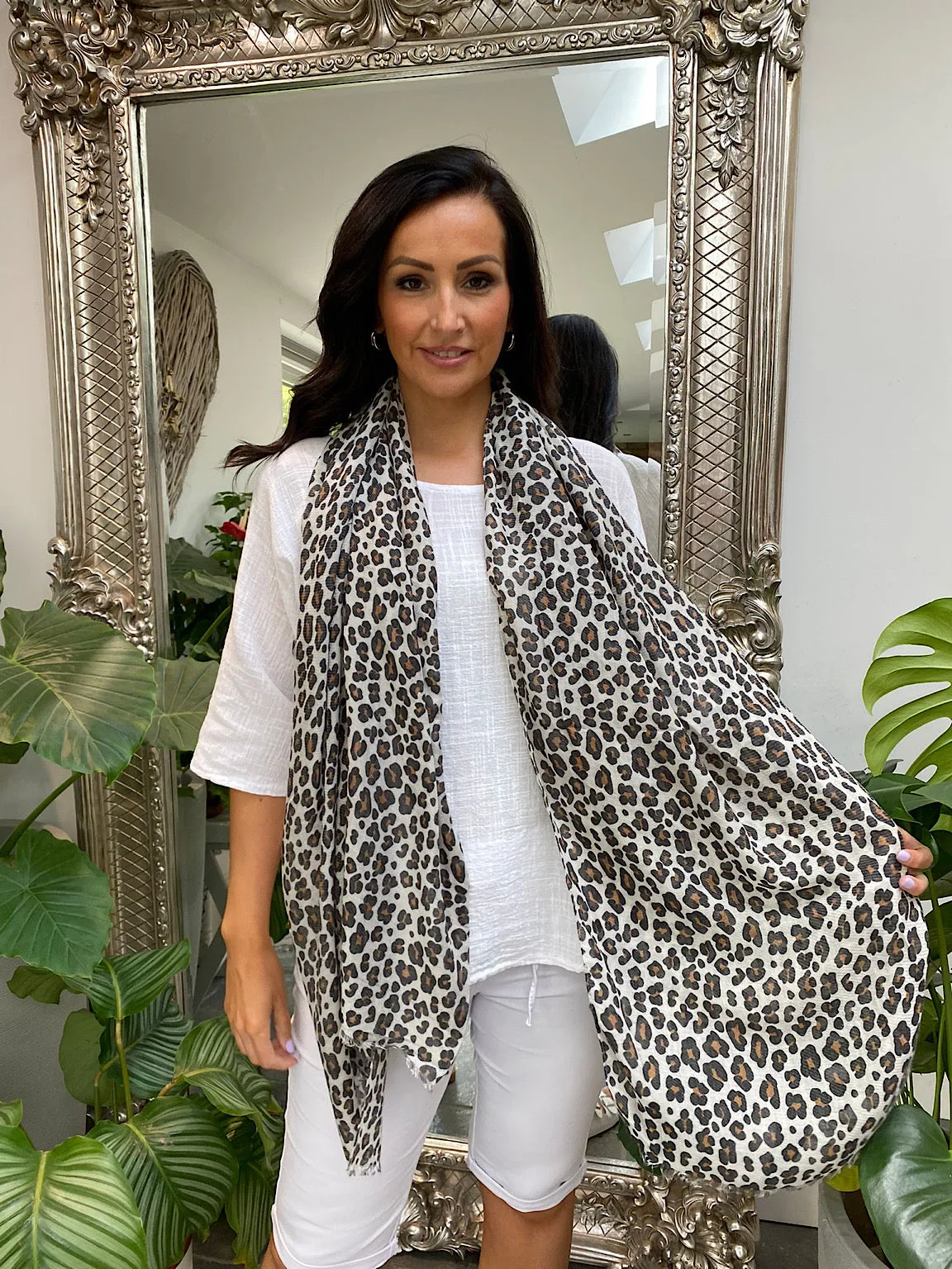 Raw Hem Leopard Pattern Scarf