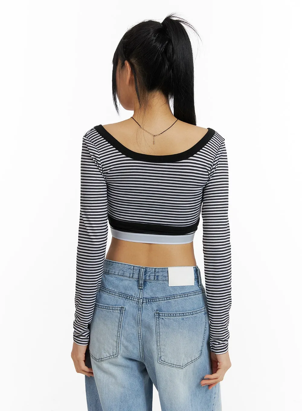 Round Neck Striped Long Sleeve Crop Top CM407