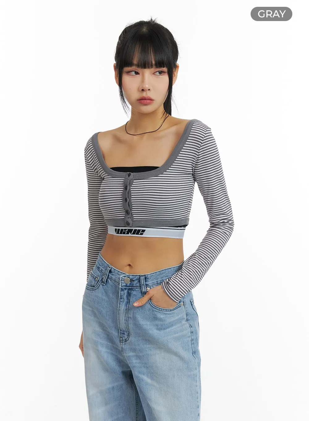 Round Neck Striped Long Sleeve Crop Top CM407