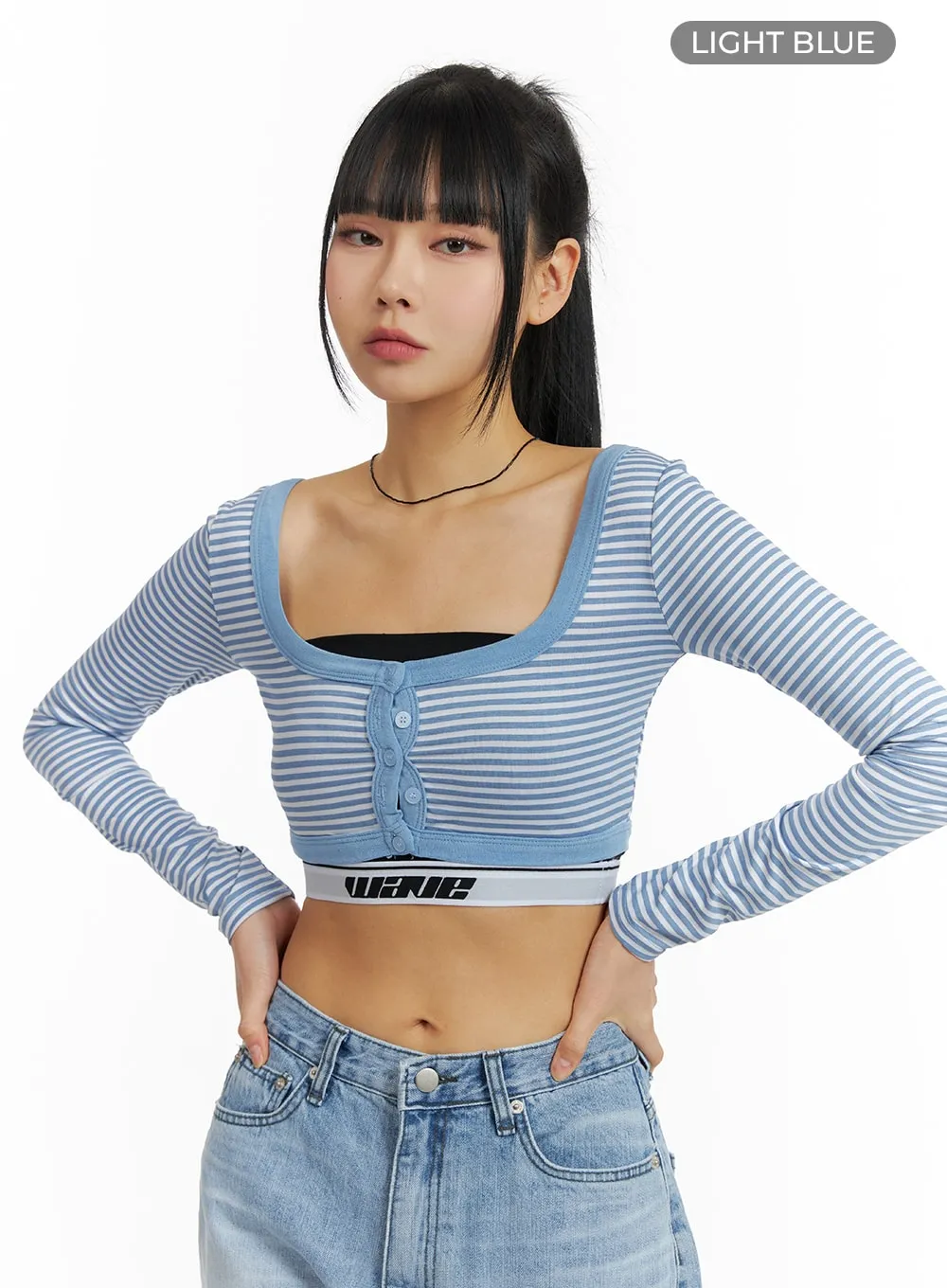 Round Neck Striped Long Sleeve Crop Top CM407