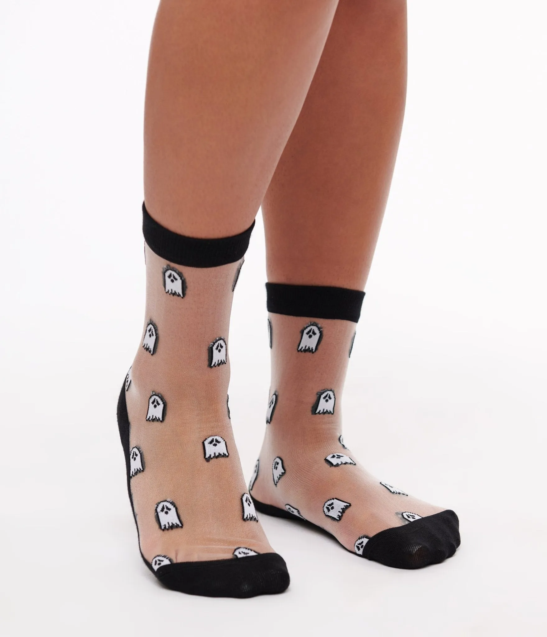 Sheer Black & White Ghost Print Crew Socks