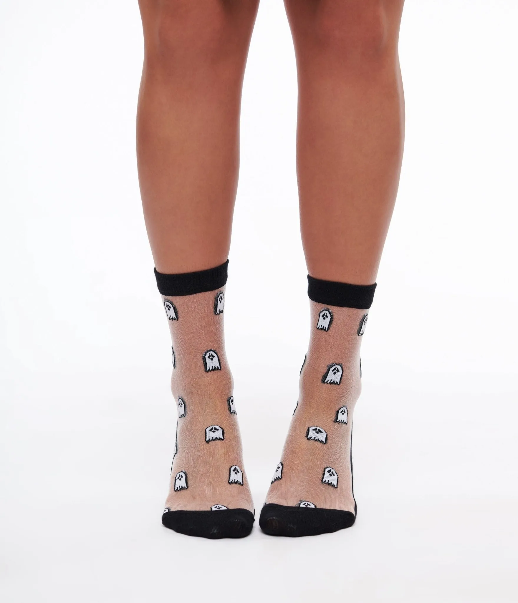 Sheer Black & White Ghost Print Crew Socks