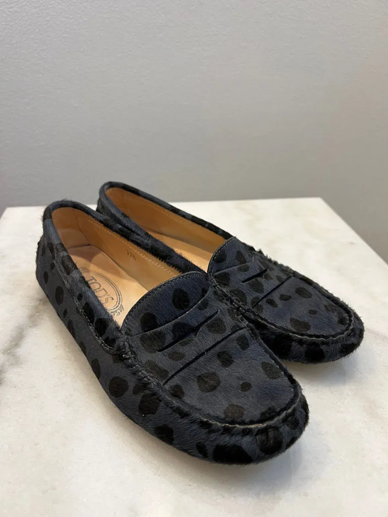 Tods Horsehair Navy and Black Spotted Loafers - size 37.5