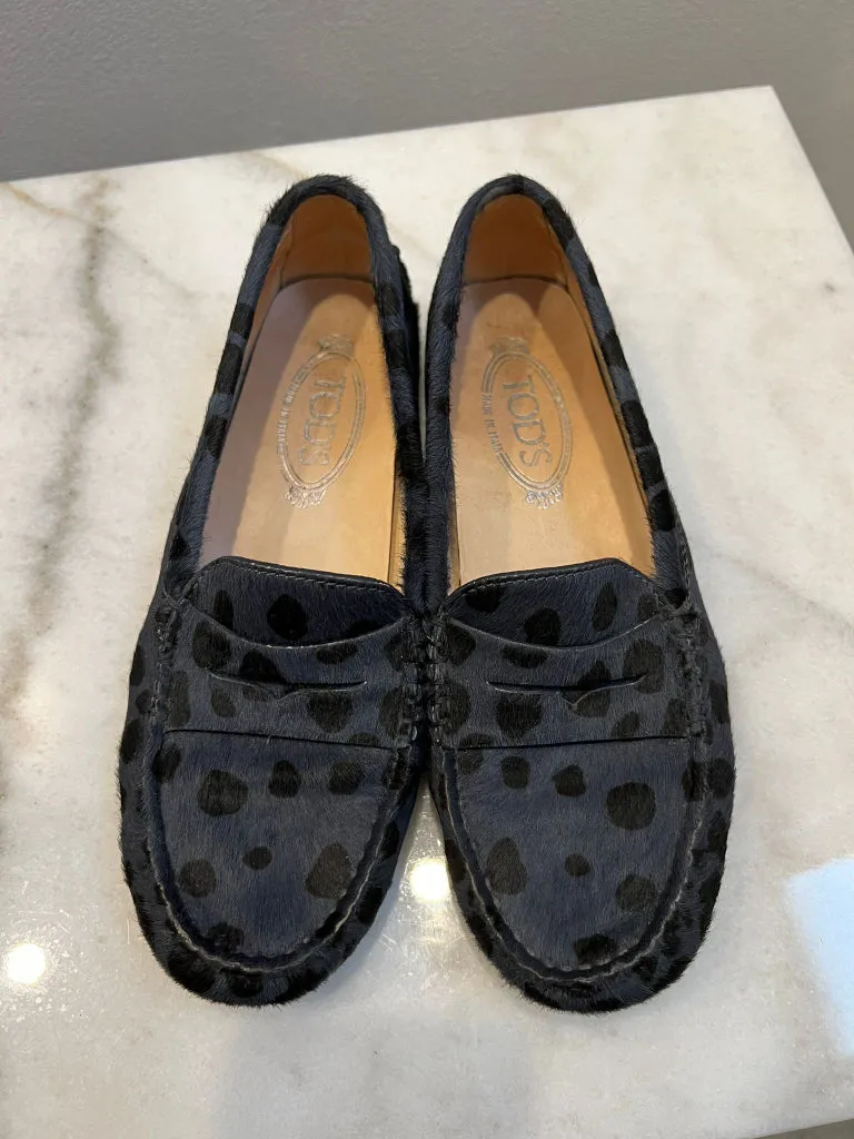 Tods Horsehair Navy and Black Spotted Loafers - size 37.5